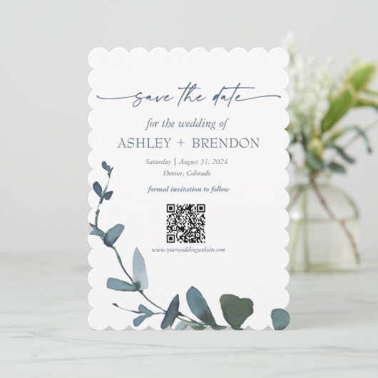 Blue Botanical Leaf Save the Date w/QR + Image 招待状 (スタンド正面)