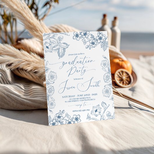 Blue Botanical Line Art Graduation Invite 招待状