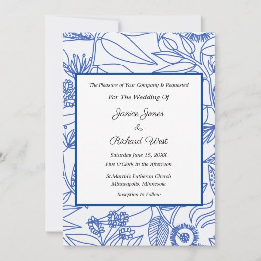 Blue Botanical Navy Frame Wedding Invitation 招待状 (正面)