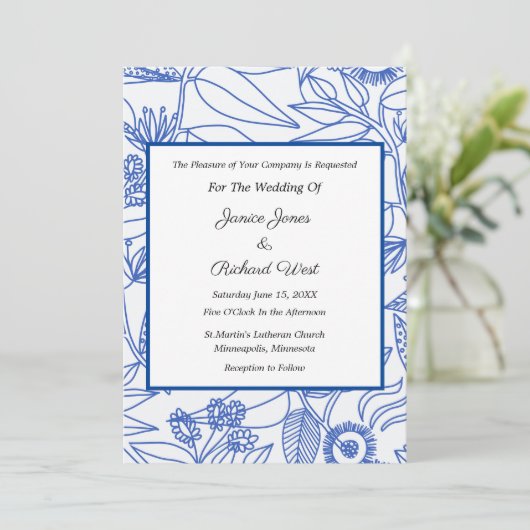 Blue Botanical Navy Frame Wedding Invitation 招待状 (スタンド正面)