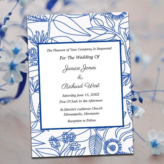 Blue Botanical Navy Frame Wedding Invitation 招待状