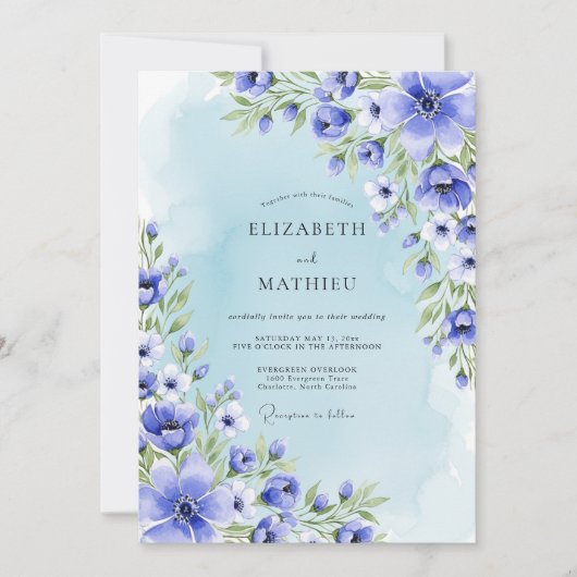 Blue Botanical Romance Wedding 招待状 (正面)