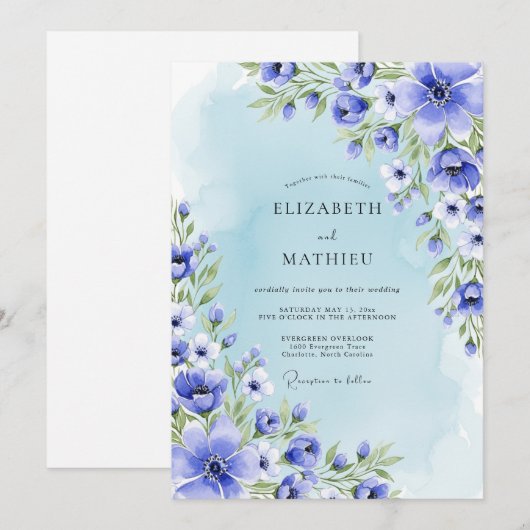 Blue Botanical Romance Wedding 招待状 (正面/裏面)