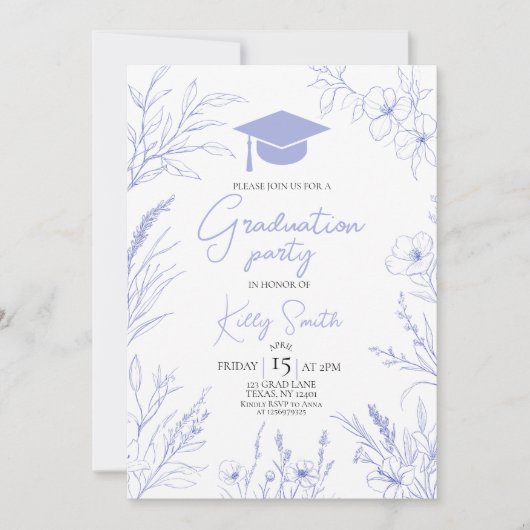 Blue Botanical Sketch Graduation Invite 招待状 (正面)