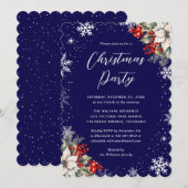 Blue Botanical Snowflake Christmas Party 招待状 (正面/裏面)
