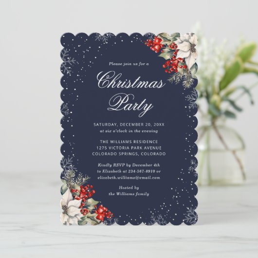 Blue Botanical Snowflake Elegant Christmas Party 招待状 (スタンド正面)