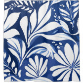 Blue Botanical Watercolor Floral Pattern シャワーカーテン (正面)