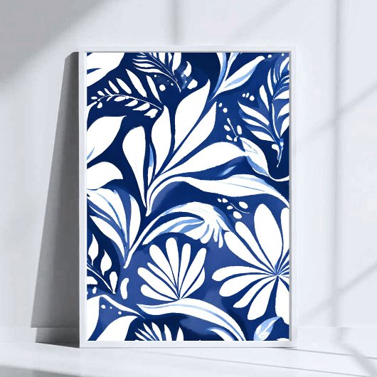 Blue Botanical Watercolor Floral Pattern ポスター