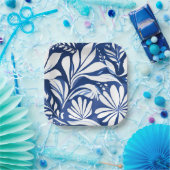 Blue Botanical Watercolor Floral White Pattern ペーパープレート (パーティー)