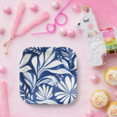 Blue Botanical Watercolor Floral White Pattern ペーパープレート (パーティー)
