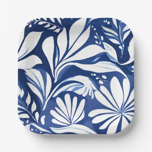 Blue Botanical Watercolor Floral White Pattern ペーパープレート (正面)