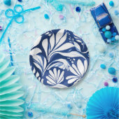 Blue Botanical Watercolor Floral White Pattern ペーパープレート (パーティー)