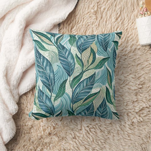 Blue Botanical Wave Modern Pattern クッション (ブランケット)