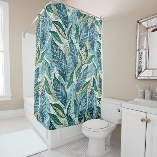 Blue Botanical Wave Modern Pattern シャワーカーテン (インサイチュ)