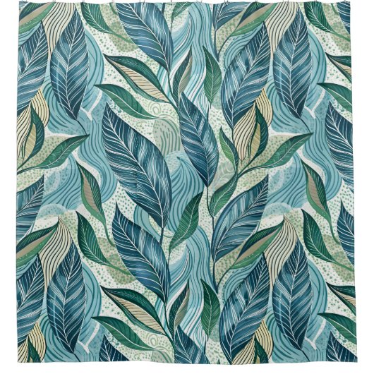 Blue Botanical Wave Modern Pattern シャワーカーテン (正面)