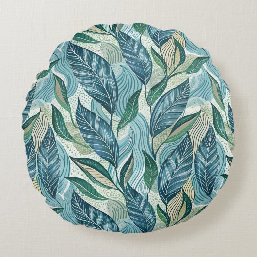 Blue Botanical Wave Modern Pattern ラウンドクッション (正面)