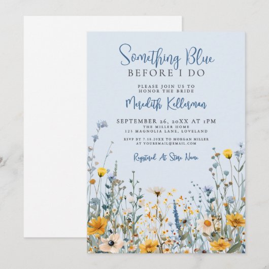 Blue Botanical Wildflower Bridal Shower 招待状 (正面/裏面)