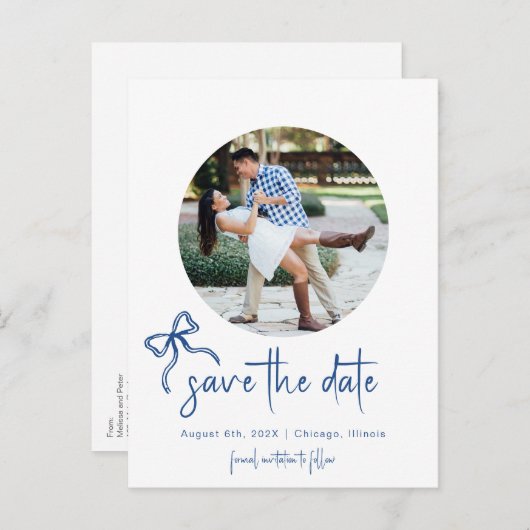 Blue Bow手書き日付写真はがきを保存 案内ポストカード (正面/裏面)