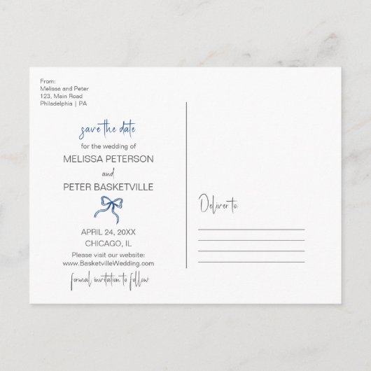 Blue Bow手書き日付写真はがきを保存 案内ポストカード (裏面)