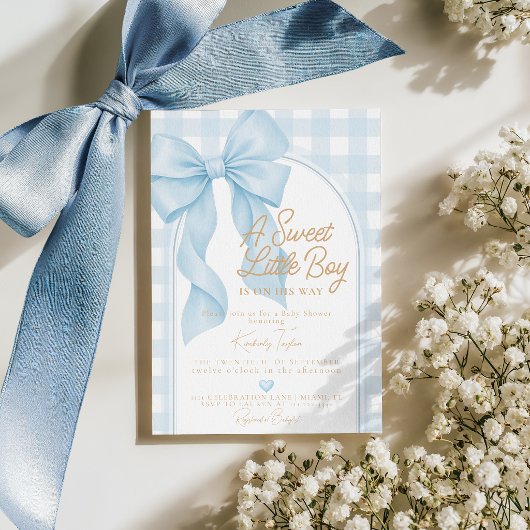 Blue Bow A Sweet Little Boy Baby Shower 招待状
