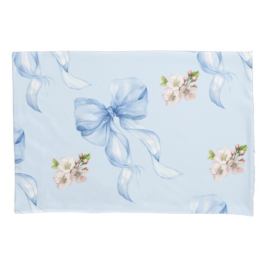 Blue bow and cherry blossom pillow case 枕カバー (正面)