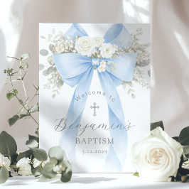 Blue Bow Baby Boy Baptism Elegant Welcome ポスター
