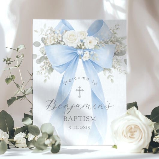 Blue Bow Baby Boy Baptism Elegant Welcome ポスター