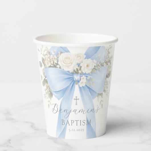 Blue Bow Baby Boy Baptism Eucalyptus 紙コップ (裏面)