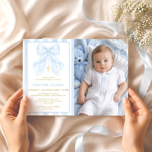 Blue Bow Baby Boy Baptism Photo Invitation 招待状