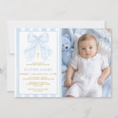 Blue Bow Baby Boy Baptism Photo Invitation 招待状 (正面)