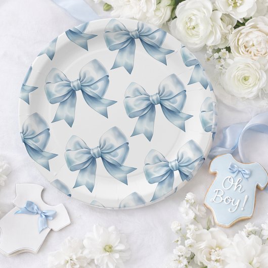 Blue Bow Baby Boy Elegant Baby Shower ペーパープレート