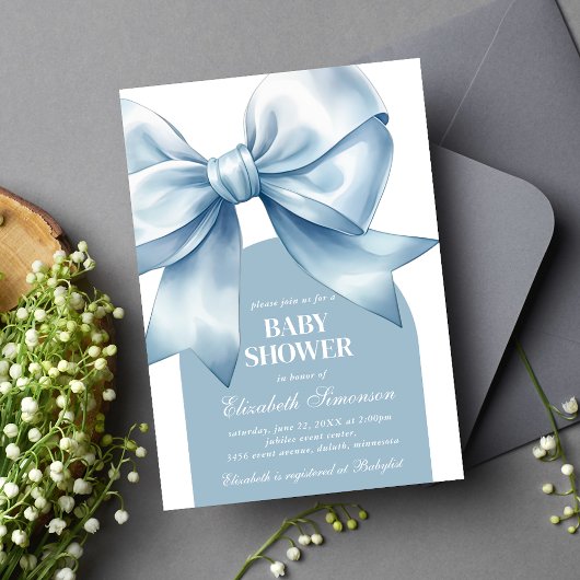 Blue Bow Baby Boy Elegant Baby Shower 招待状