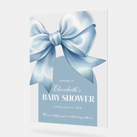Blue Bow Baby Boy Elegant Baby Shower Welcome アクリルサイン (傾斜)