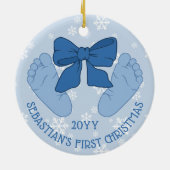 Blue Bow Baby Feet Photo Son's First Christmas セラミックオーナメント (裏面)