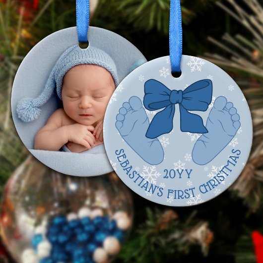 Blue Bow Baby Feet Photo Son's First Christmas セラミックオーナメント