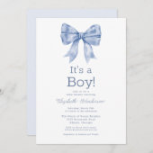 Blue Bow Baby In Bloom Baby Shower 招待状 (正面/裏面)