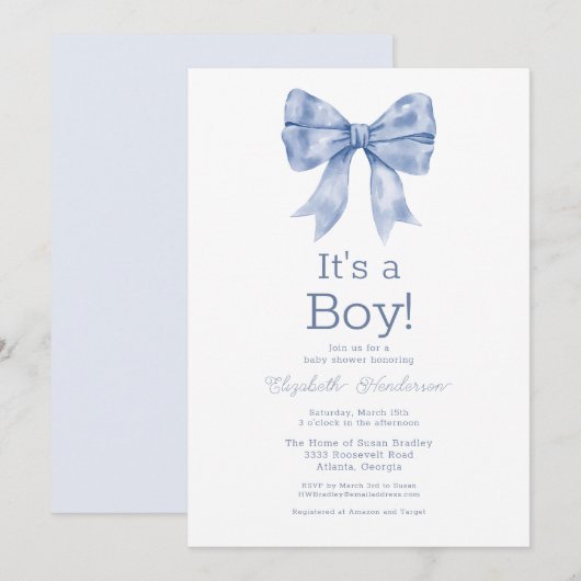 Blue Bow Baby In Bloom Baby Shower 招待状 (正面/裏面)