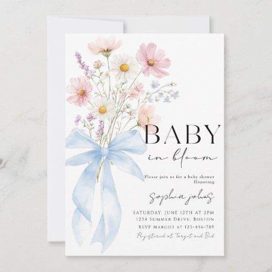 Blue Bow Baby in Bloom Boy Baby Shower Invitation 招待状 (正面)
