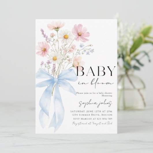 Blue Bow Baby in Bloom Boy Baby Shower Invitation 招待状 (スタンド正面)