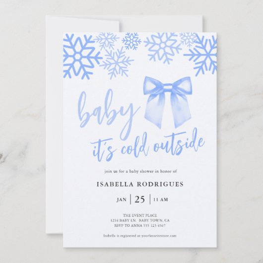 Blue Bow Baby Its Cold Outside Baby Shower 招待状 (正面)