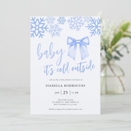 Blue Bow Baby Its Cold Outside Baby Shower 招待状 (スタンド正面)