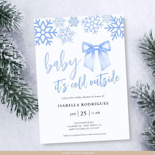 Blue Bow Baby Its Cold Outside Baby Shower 招待状