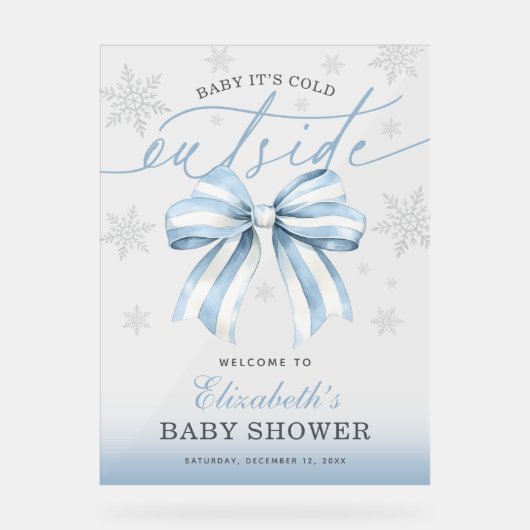 Blue Bow Baby Its Cold Outside Baby Shower Welcome アクリルサイン (正面)