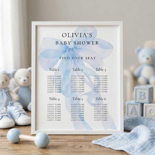 Blue Bow Baby Shower 6 Table Seating Chart ポスター