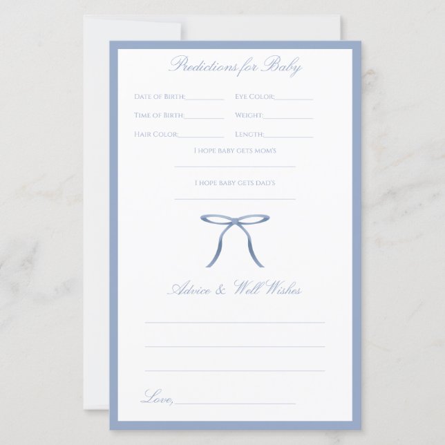 Blue Bow Baby Shower Advice & Predictions Game (正面)