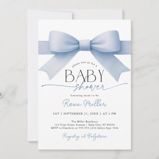 Blue Bow Baby Shower Boy Invitation 招待状 (正面)