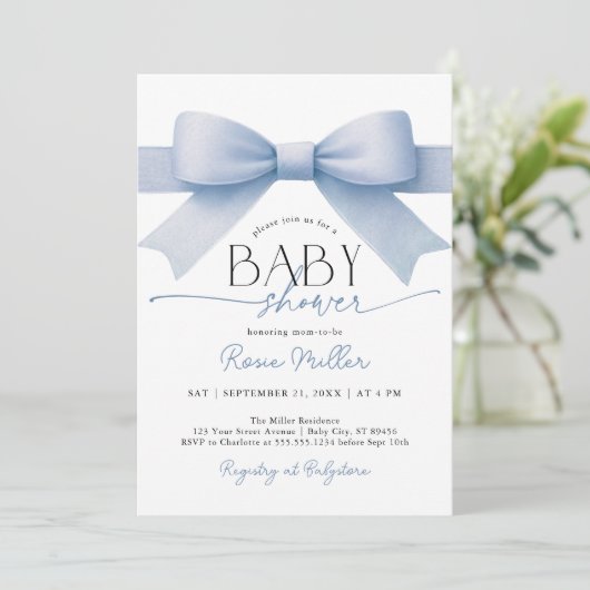 Blue Bow Baby Shower Boy Invitation 招待状 (スタンド正面)