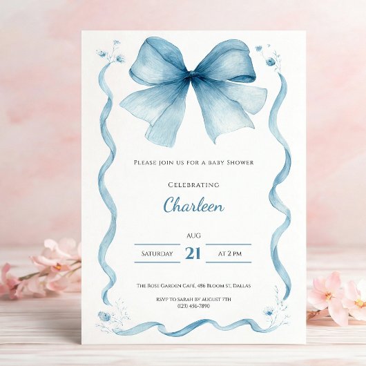 Blue Bow Baby Shower Invitation Coquette 招待状