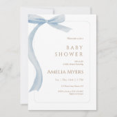 Blue Bow Baby Shower Invitation Minimal Watercolor 招待状 (正面)