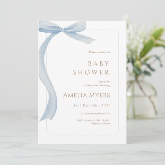Blue Bow Baby Shower Invitation Minimal Watercolor 招待状 (スタンド正面)